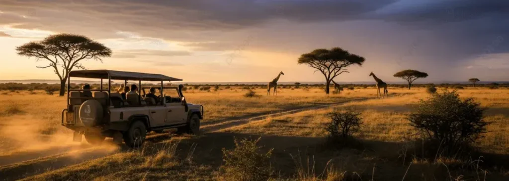 safari-jeep-driving-through-the-savanna-at-sunset-with-giraffes-and-image